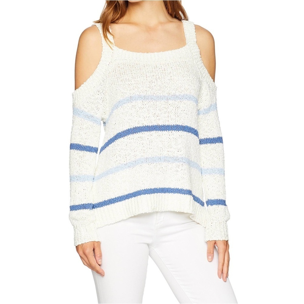 Cupcakes and Cashmere Cerice Ivory and Blue Striped Cold Shoulder Small